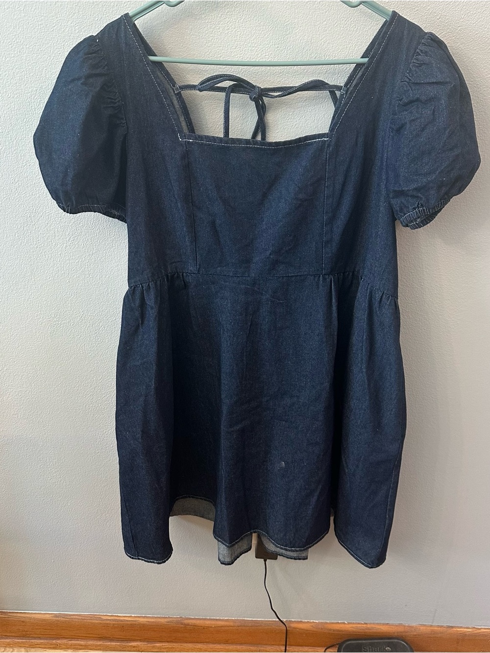 ARULA Dark Blue Denim Midi Dress with Puff Sleeves
